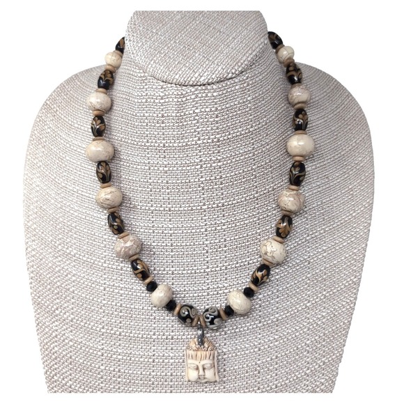 Jewelry - Buddha Head Pendant Beaded Statement Necklace Toggle Clasp Neutral Beads Boho